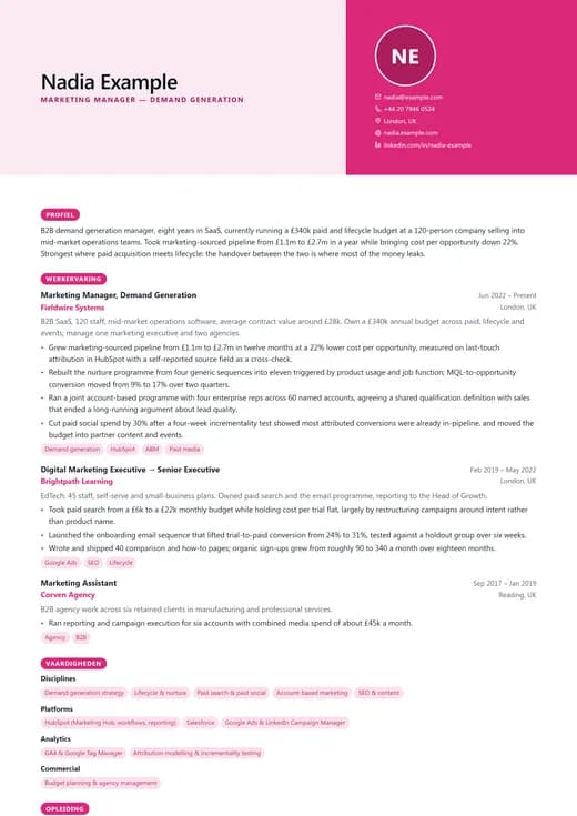 Voorbeeld van cv-sjabloon Marketing CV — een corporate cv-opmaak