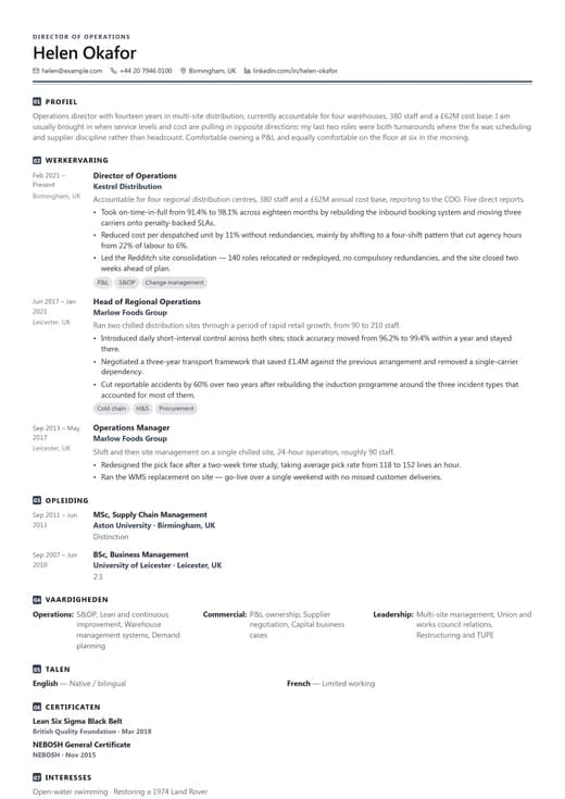 Voorbeeld van cv-sjabloon Operations CV — een corporate cv-opmaak