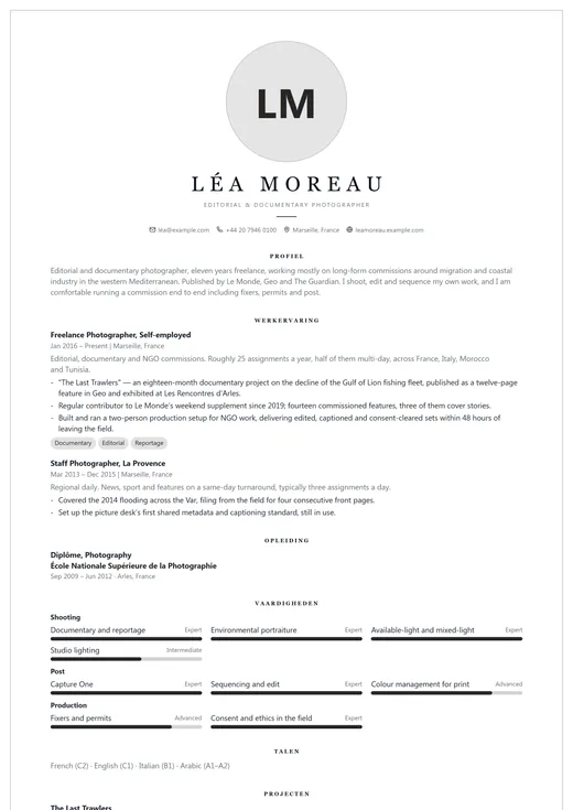 Voorbeeld van cv-sjabloon Photographer — een creative cv-opmaak