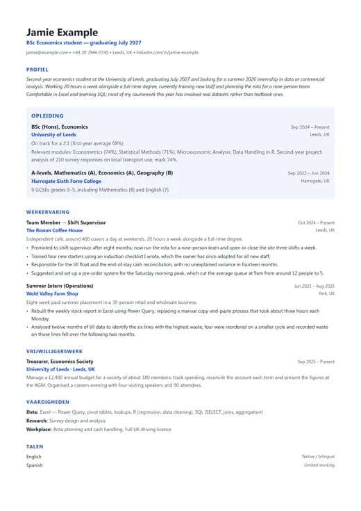 Voorbeeld van cv-sjabloon Student CV — een ats cv-opmaak