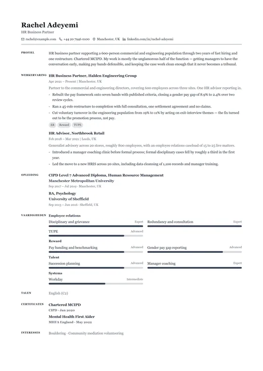 Voorbeeld van cv-sjabloon Traditional CV — een classic cv-opmaak
