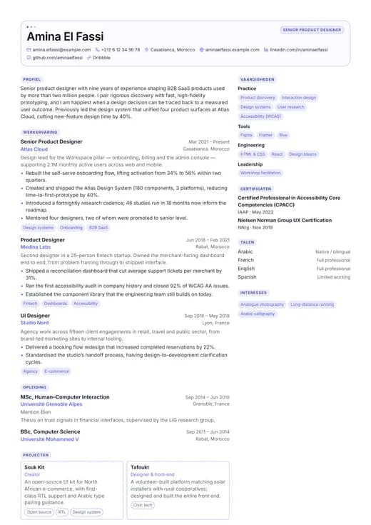 Voorbeeld van cv-sjabloon UI/UX Designer — een creative cv-opmaak