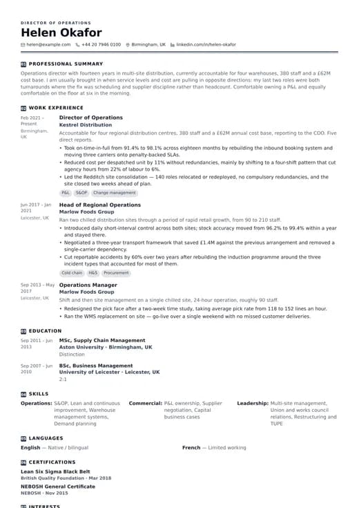 Operations CV CV template preview — a corporate résumé layout