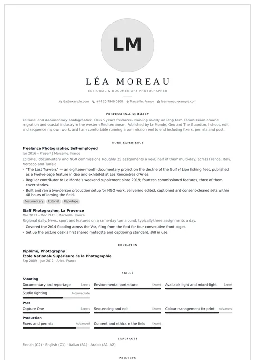 Photographer CV template preview — a creative résumé layout